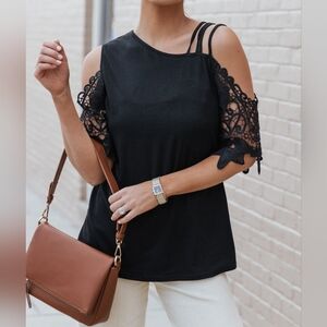 2X Black Crocheted & Strappy Cold Shoulder Half Sleeve Worn Once